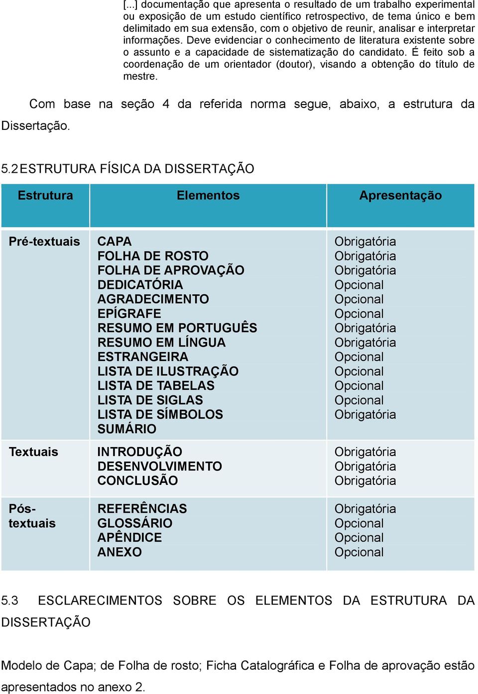 É feito sob a coordenação de um orientador (doutor), visando a obtenção do título de mestre. Com base na seção 4 da referida norma segue, abaixo, a estrutura da Dissertação. 5.