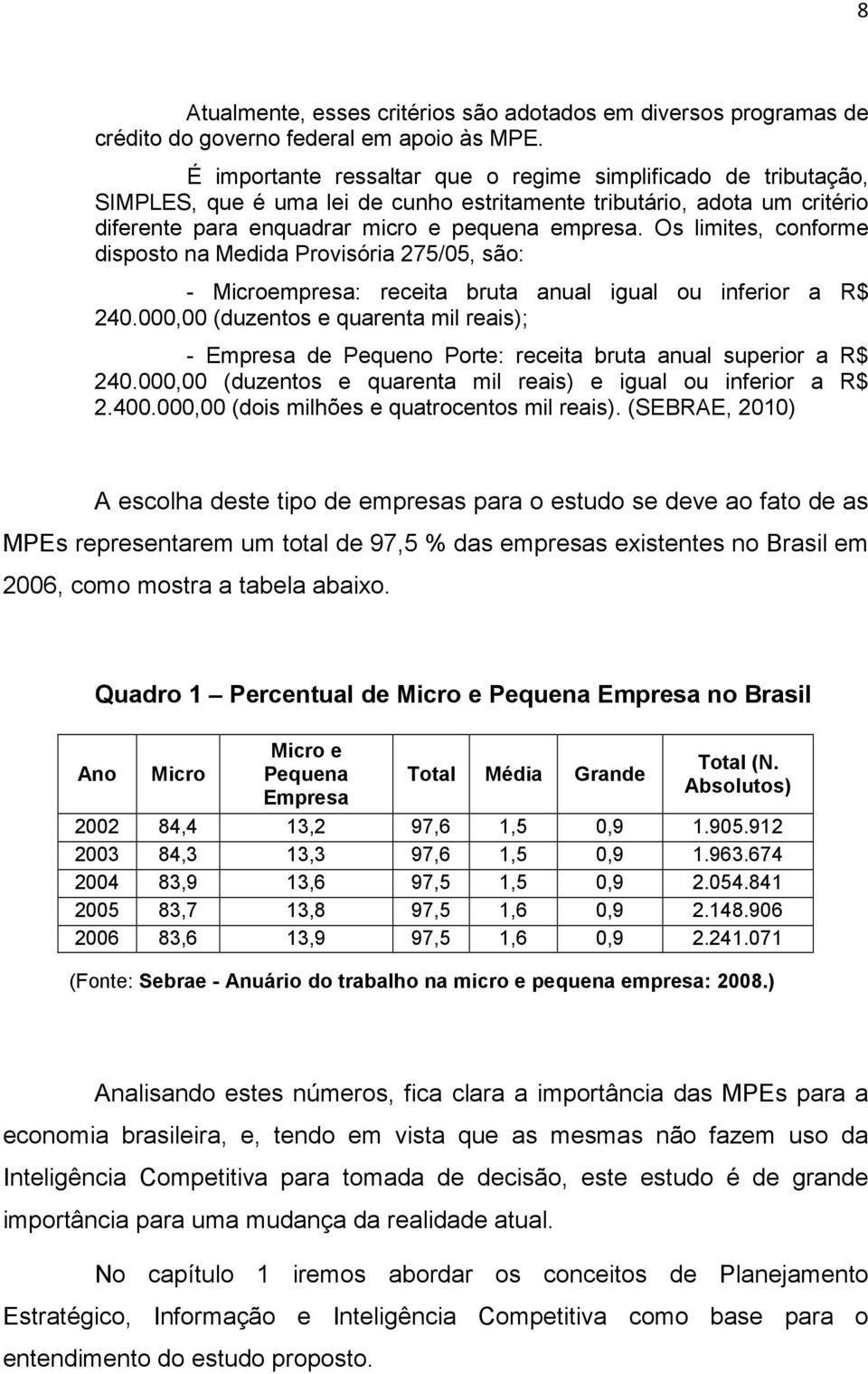 Os limites, conforme disposto na Medida Provisória 275/05, são: - Microempresa: receita bruta anual igual ou inferior a R$ 240.