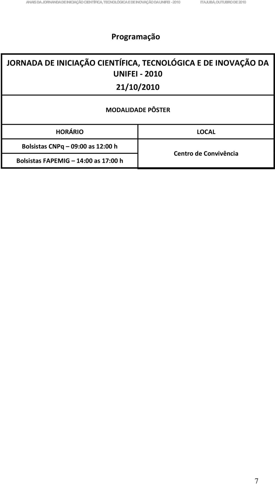 MODALIDADE PÔSTER HORÁRIO Bolsistas CNPq 09:00 as 12:00