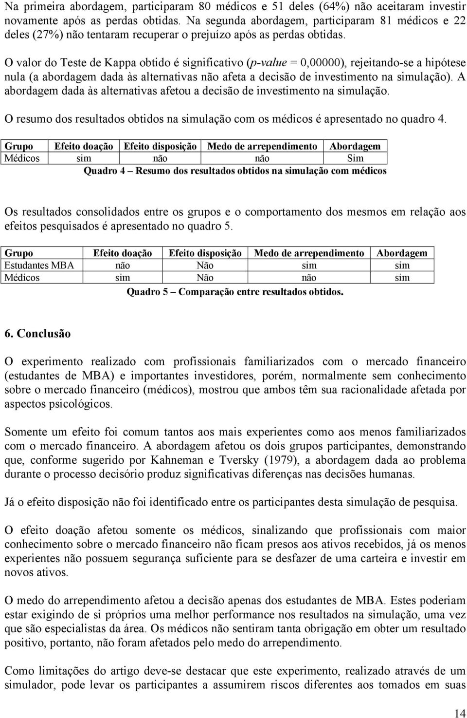 O valor do Teste de Kappa obtido é significativo (p-value = 0,00000), rejeitando-se a hipótese nula (a abordagem dada às alternativas não afeta a decisão de investimento na simulação).