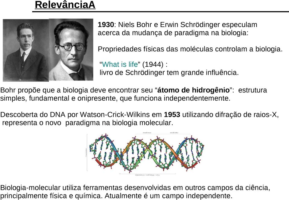 Bohr propõe que a biologia deve encontrar seu átomo de hidrogênio : estrutura simples, fundamental e onipresente, que funciona independentemente.