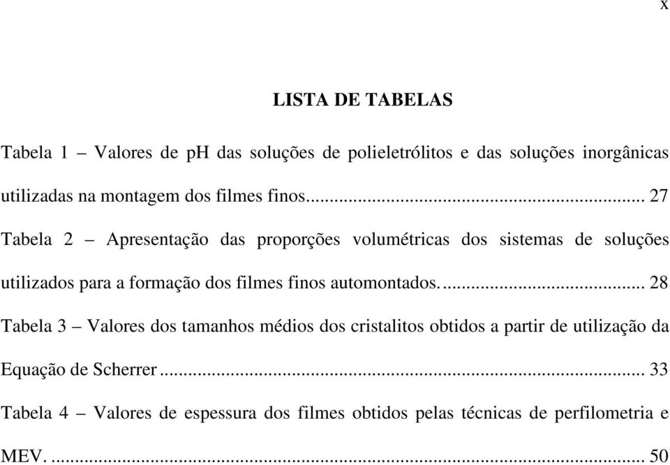 .. 27 Tabela 2 Apresentação das proporções volumétricas dos sistemas de soluções utilizados para a formação dos filmes