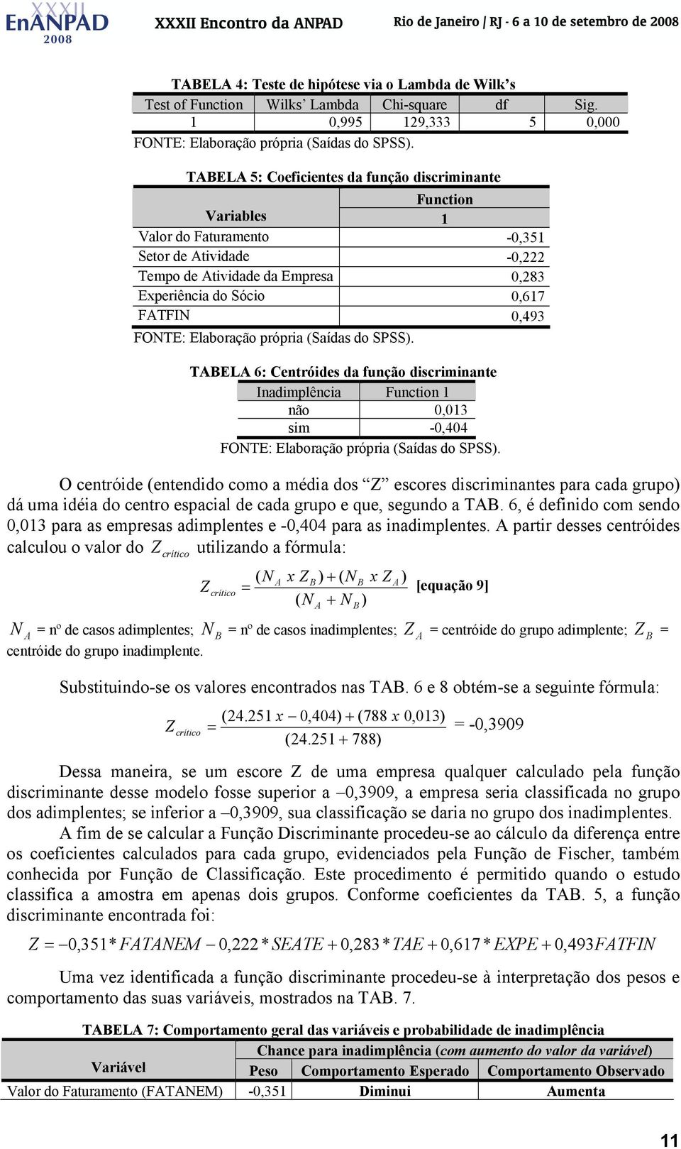 própria (Saídas do SPSS). TABELA 6: Centróides da função discriminante Inadimplência Function não,3 sim -,44 FONTE: Elaboração própria (Saídas do SPSS).