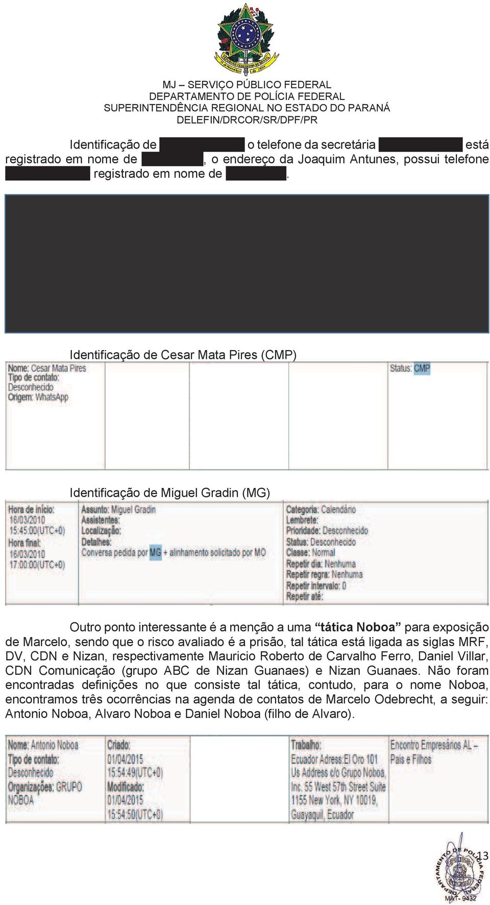 Identificação de Cesar Mata Pires (CMP) Identificação de Miguel Gradin (MG) Outro ponto interessante é a menção a uma tática Noboa para exposição de Marcelo, sendo que o risco avaliado é a prisão,