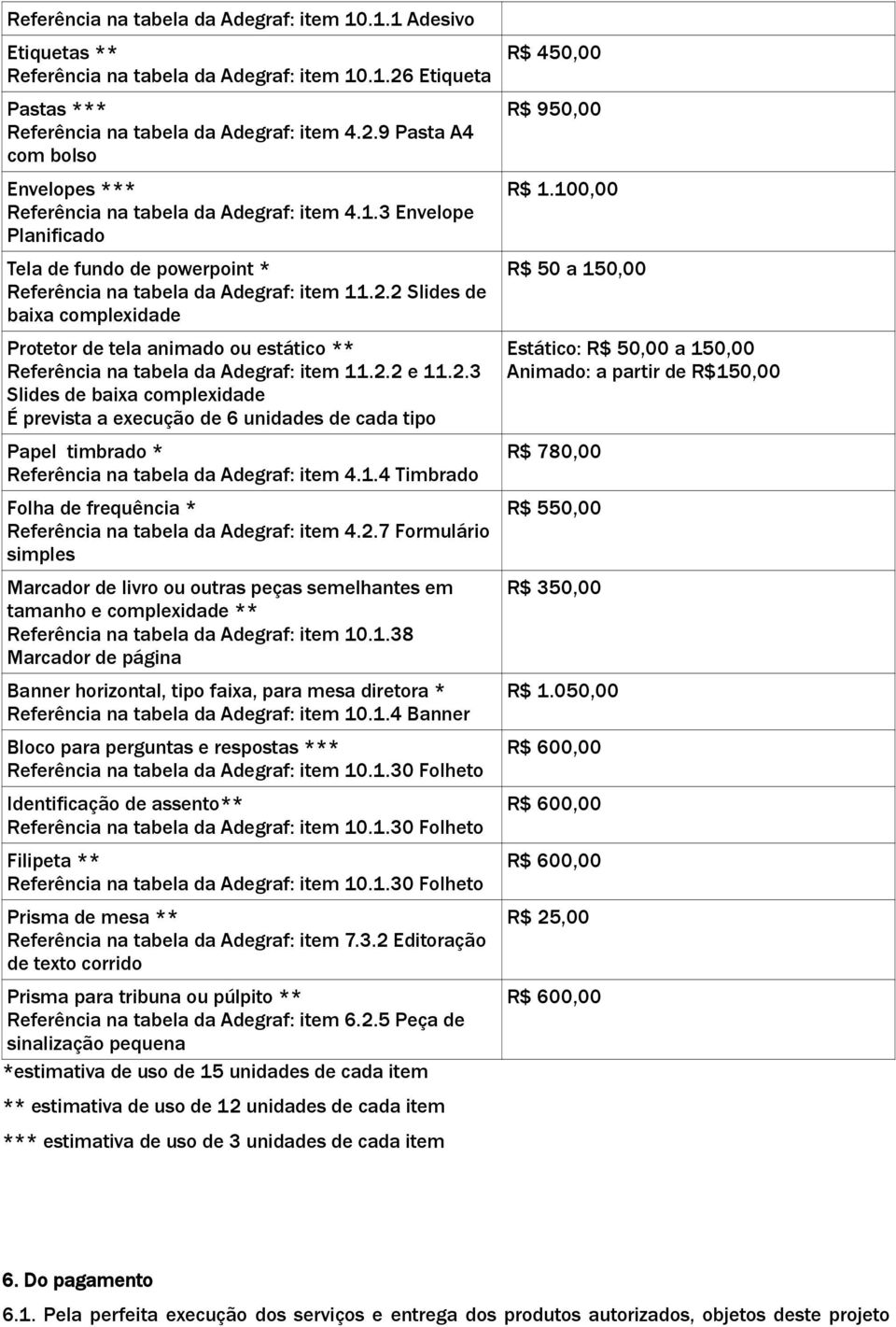 2 Slides de baixa complexidade Protetor de tela animado ou estático ** Referência na tabela da Adegraf: item 11.2.2 e 11.2.3 Slides de baixa complexidade É prevista a execução de 6 unidades de cada tipo Papel timbrado * Referência na tabela da Adegraf: item 4.