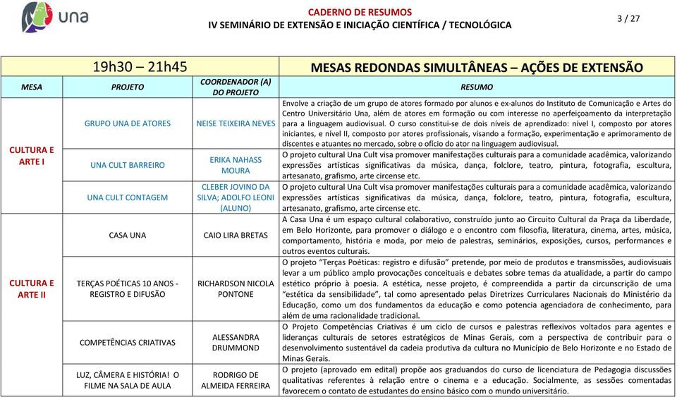 FERREIRA S REDONDAS SIMULTÂNEAS AÇÕES DE EXTENSÃO Envolve a criação de um grupo de atores formado por alunos e ex-alunos do Instituto de Comunicação e Artes do Centro Universitário Una, além de