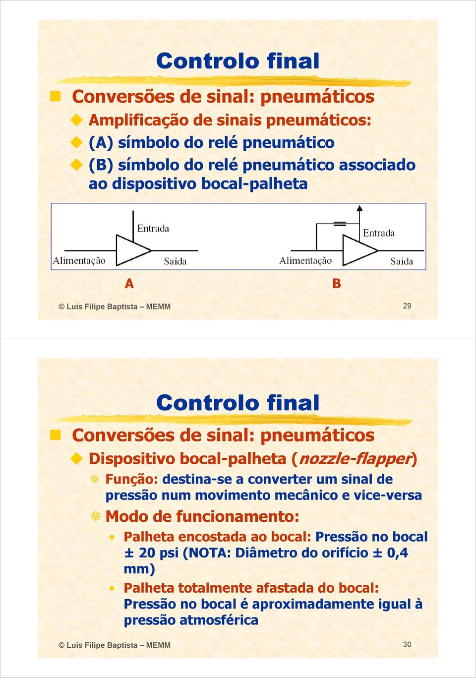 a converter um sinal de pressão num movimento mecânico e vice-versa Modo de funcionamento: Palheta encostada ao bocal: Pressão no bocal ± 20 psi (NOTA: