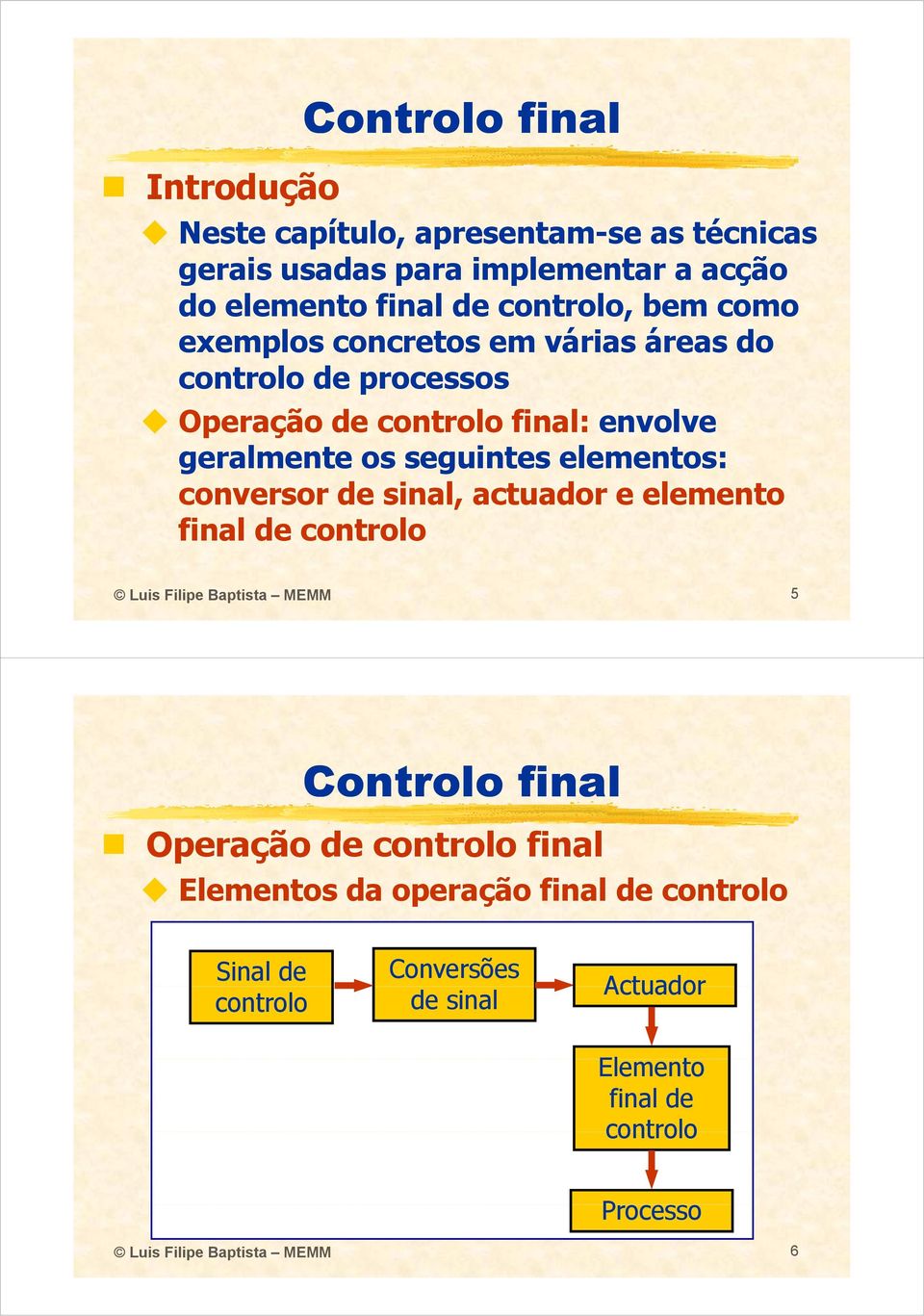 conversor de sinal, actuador e elemento final de controlo Luis Filipe Baptista MEMM 5 Operação de controlo final Elementos da