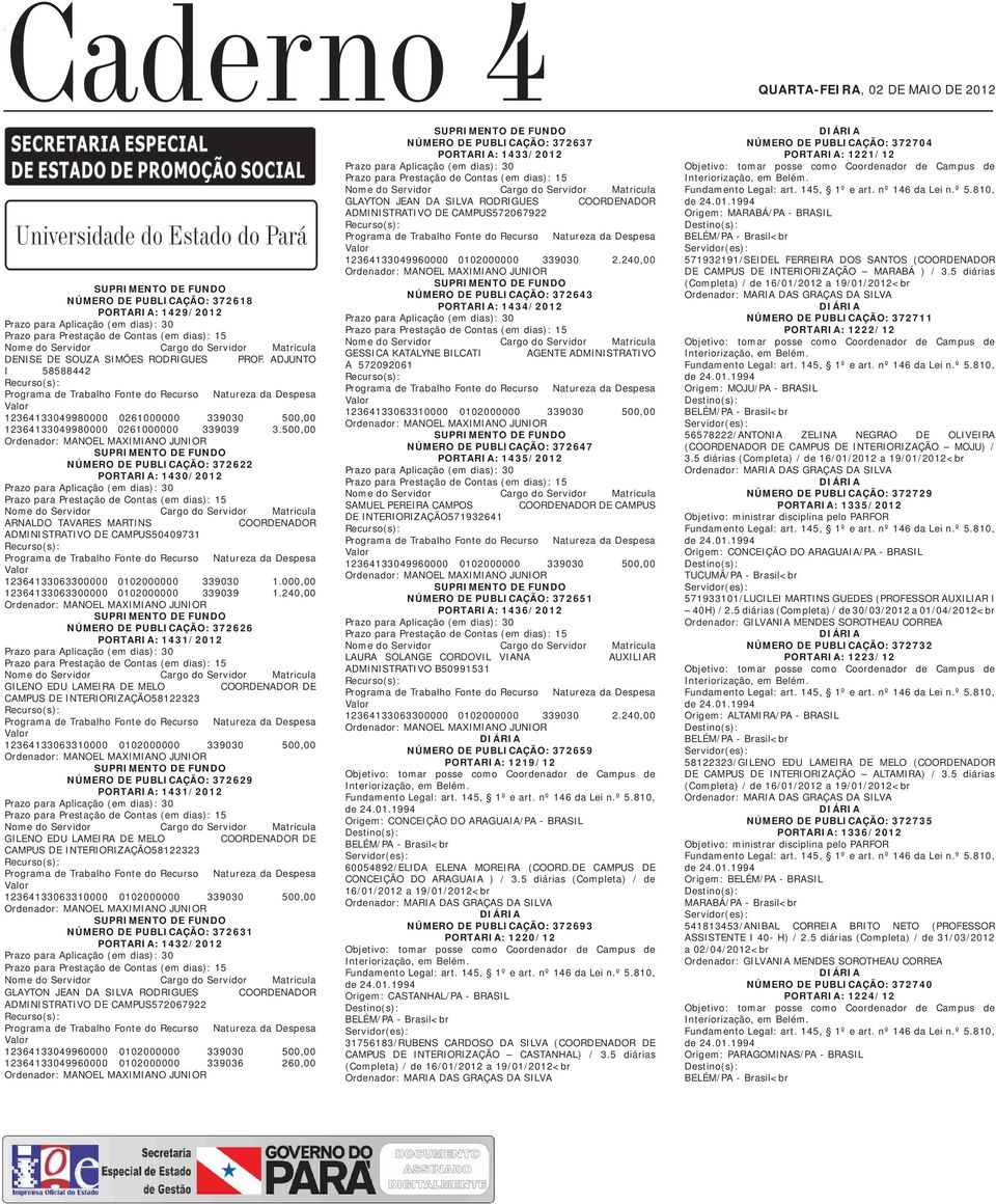 500,00 NÚMERO DE PUBLICAÇÃO: 372622 PORTARIA: 1430/2012 ARNALDO TAVARES MARTINS COORDENADOR ADMINISTRATIVO DE CAMPUS50409731 12364133063300000 0102000000 339030 1.