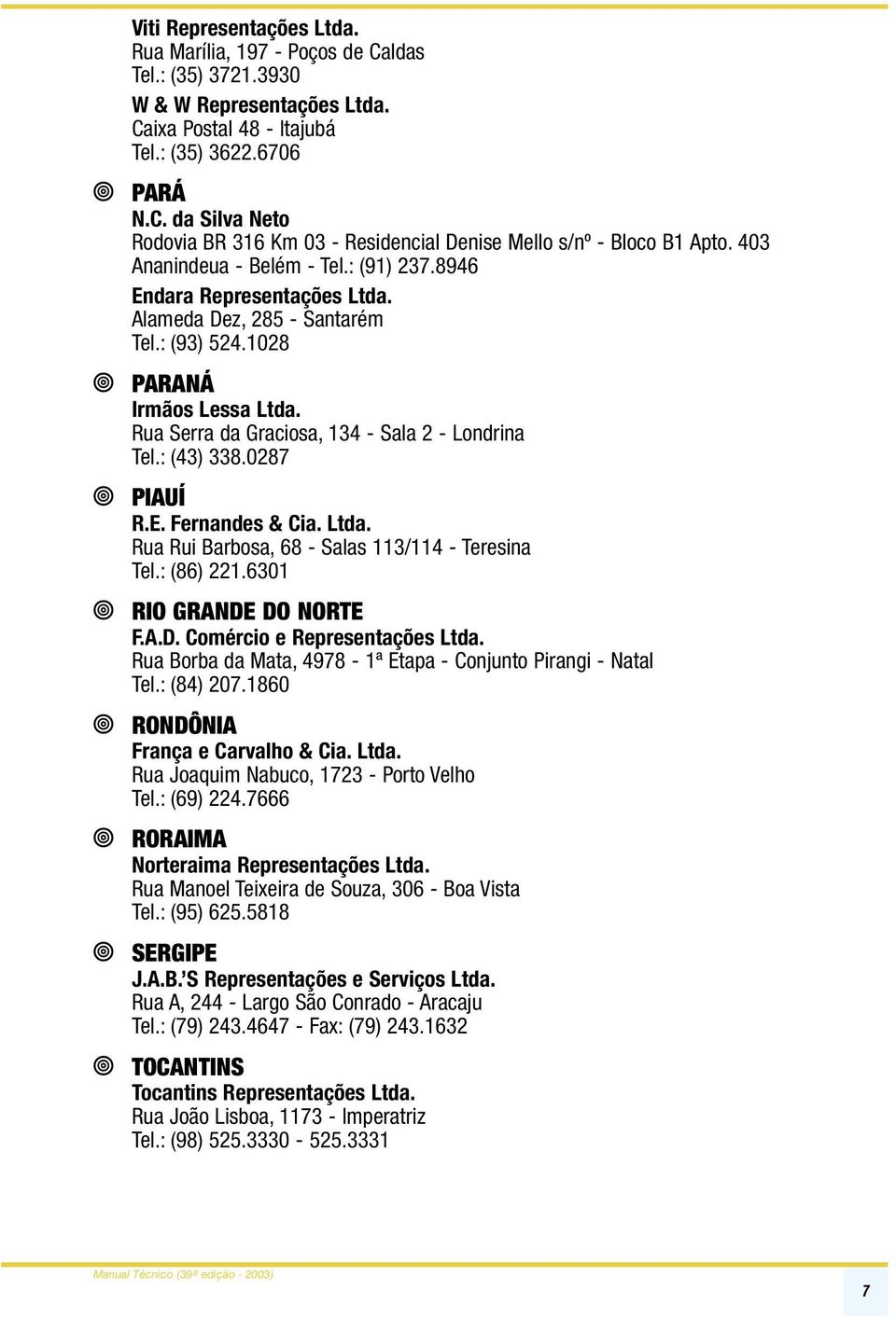 : (43) 338.0287 % PIAUÍ R.E. Fernandes & Cia. Ltda. Rua Rui Barbosa, 68 - Salas 113/114 - Teresina Tel.: (86) 221.6301 % RIO GRANDE DO NORTE F.A.D. Comércio e Representações Ltda.