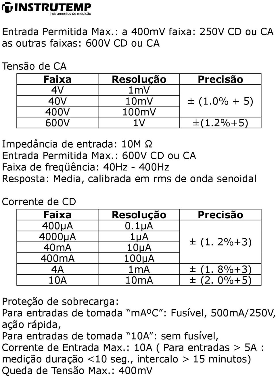 : 600V CD ou CA Faixa de freqüência: 40Hz - 400Hz Resposta: Media, calibrada em rms de onda senoidal Corrente de CD Faixa Resolução Precisão 400µA 0.