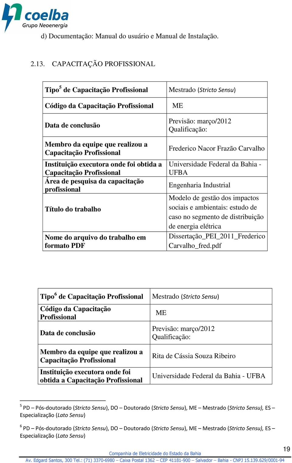 foi obtida a Capacitação Profissional Área de pesquisa da capacitação profissional Título do trabalho Nome do arquivo do trabalho em formato PDF Mestrado (Stricto Sensu) ME Previsão: março/2012