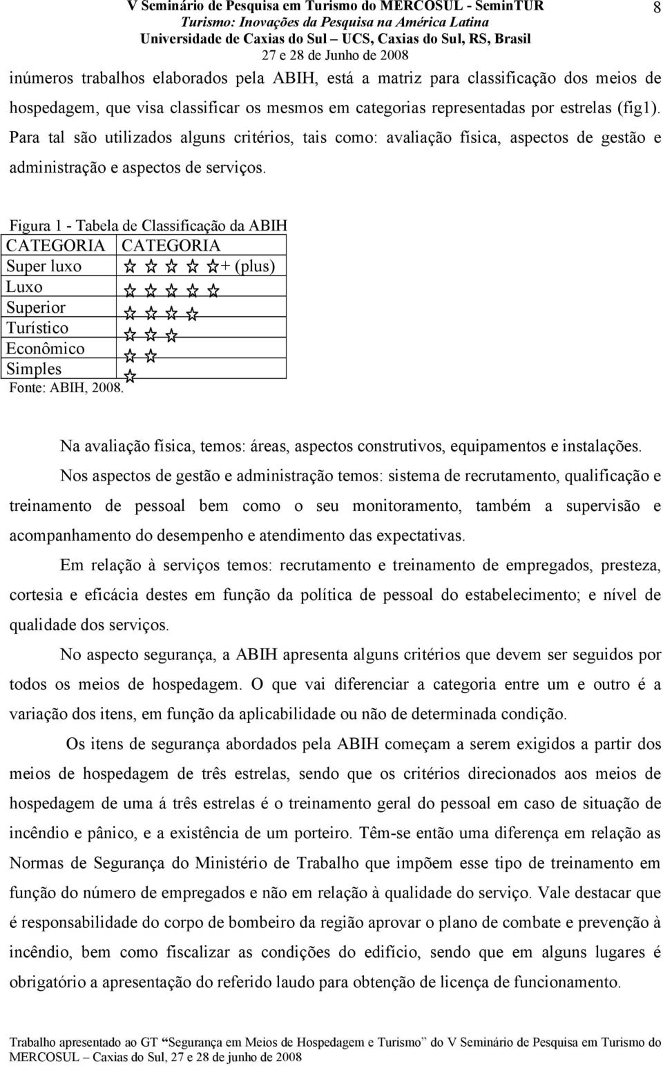 Figura 1 - Tabela de Classificação da ABIH CATEGORIA CATEGORIA Super luxo + (plus) Luxo Superior Turístico Econômico Simples Fonte: ABIH, 2008.