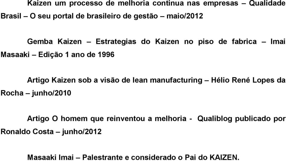 Kaizen sob a visão de lean manufacturing Hélio René Lopes da Rocha junho/2010 Artigo O homem que reinventou a