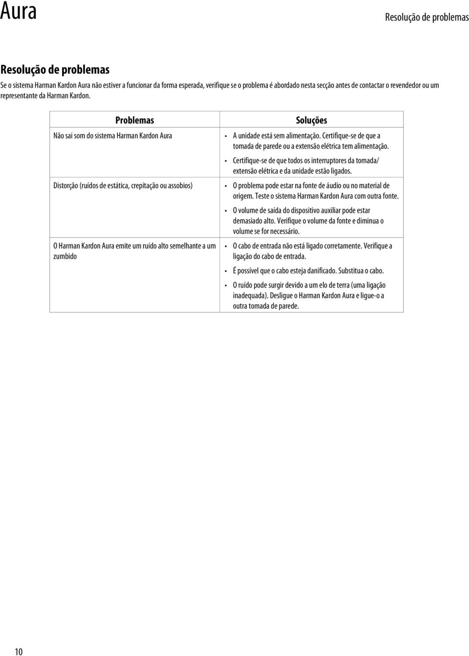 Problemas Não sai som do sistema Harman Kardon Aura Distorção (ruídos de estática, crepitação ou assobios) O Harman Kardon Aura emite um ruído alto semelhante a um zumbido Soluções A unidade está sem