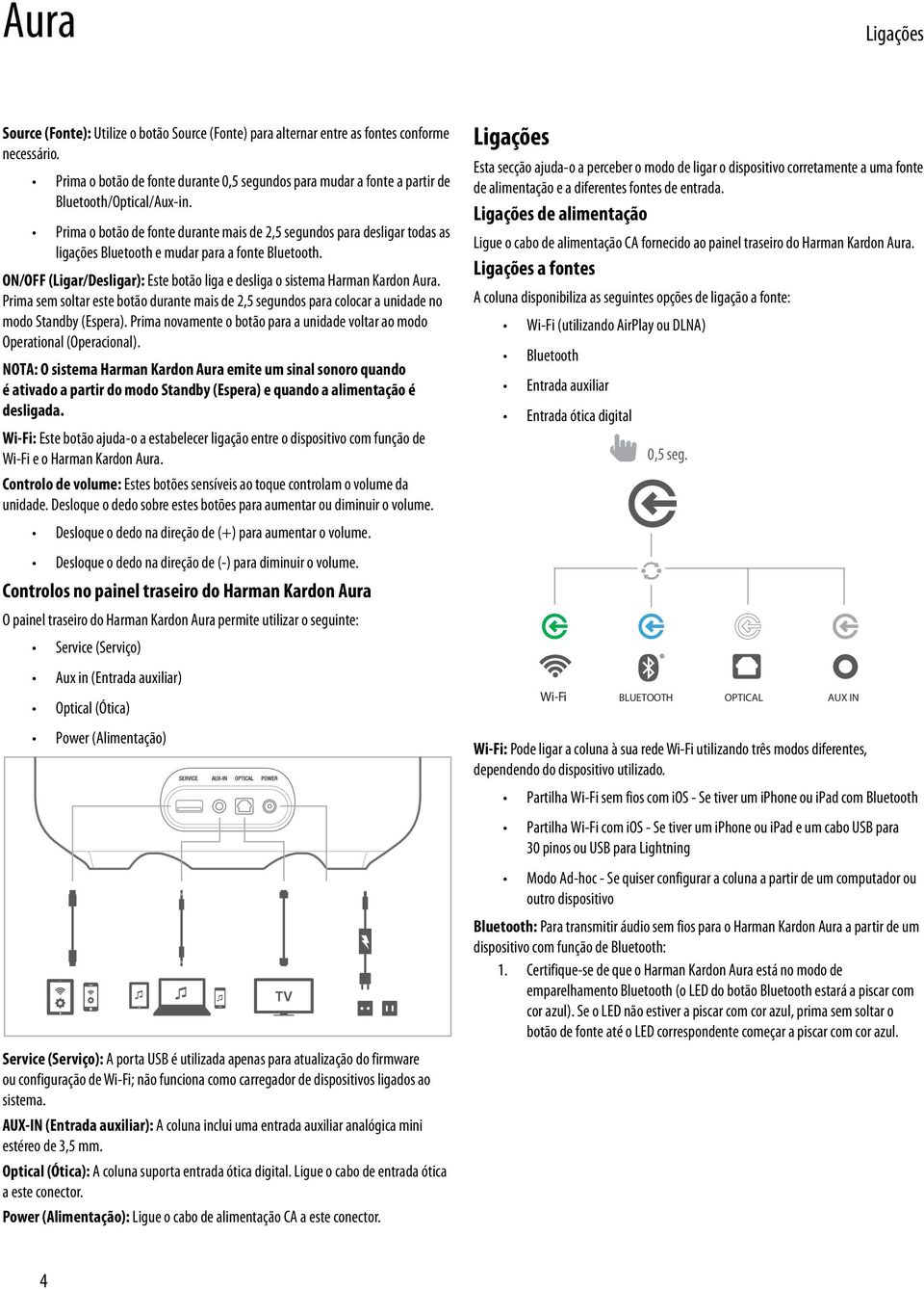 Prima o botão de fonte durante mais de 2,5 segundos para desligar todas as ligações Bluetooth e mudar para a fonte Bluetooth.