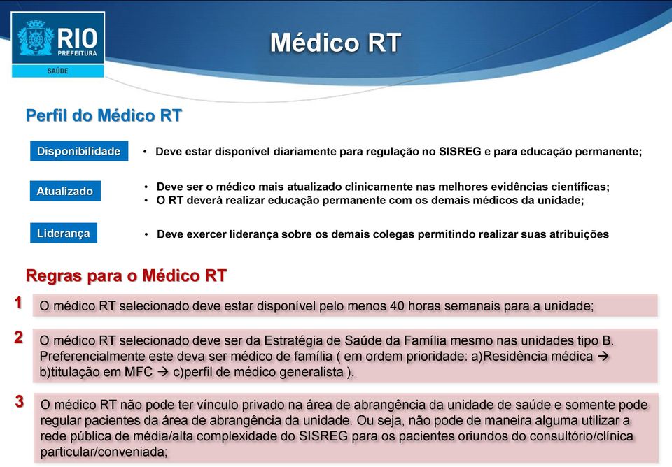 atribuições Regras para o Médico RT 1 O médico RT selecionado deve estar disponível pelo menos 40 horas semanais para a unidade; 2 O médico RT selecionado deve ser da Estratégia de Saúde da Família