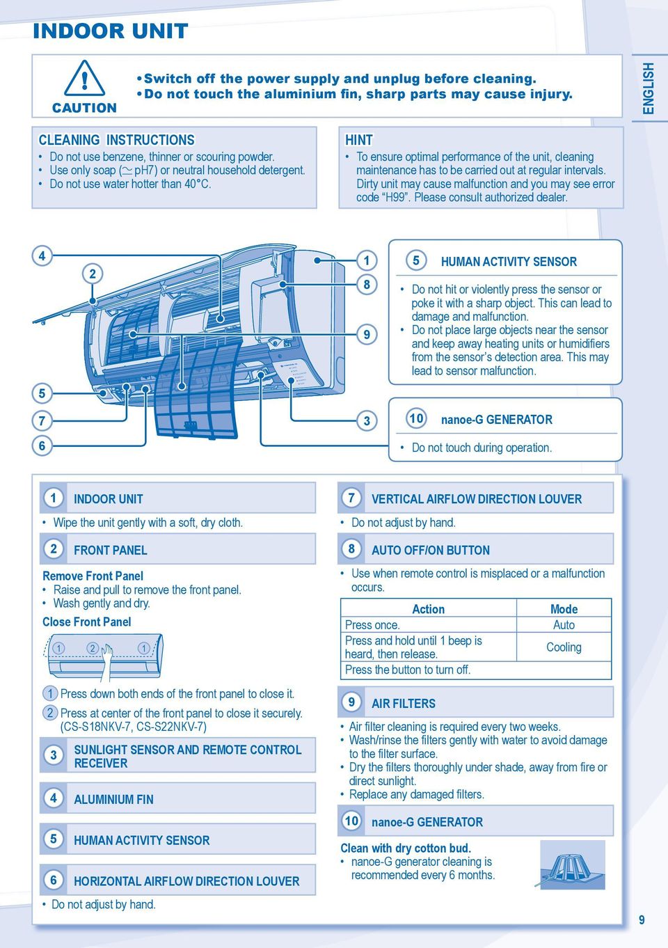 HINT To ensure optimal performance of the unit, cleaning maintenance has to be carried out at regular intervals. Dirty unit may cause malfunction and you may see error code H99.