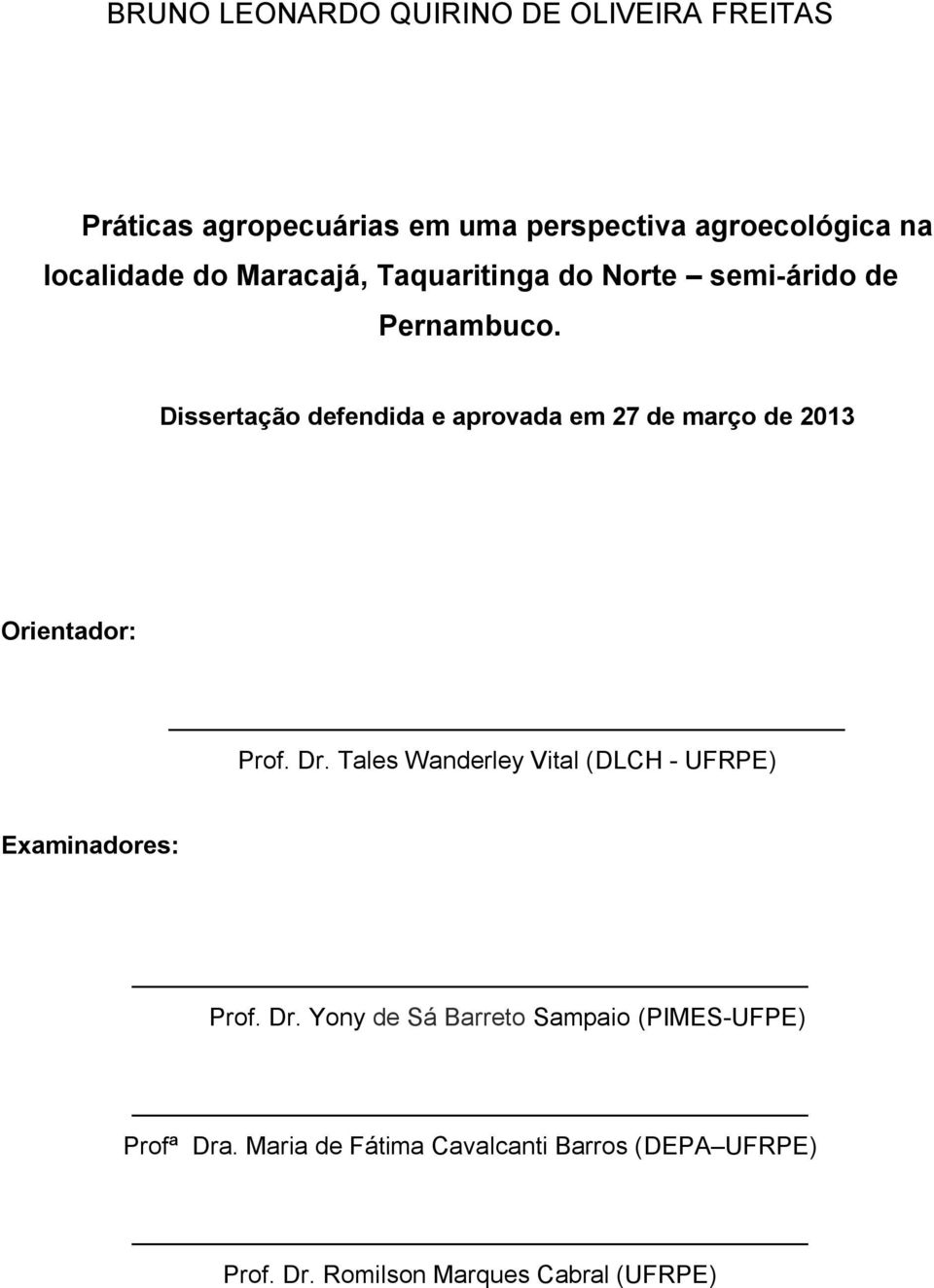Dissertação defendida e aprovada em 27 de março de 2013 Orientador: Prof. Dr.