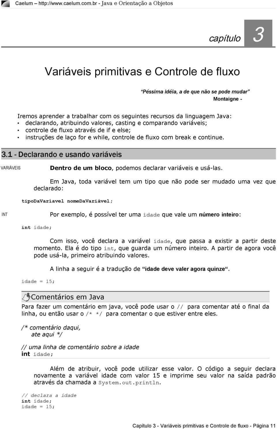 1 - Declarando e usando variáveis VARIÁVEIS Dentro de um bloco, podemos declarar variáveis e usá-las.