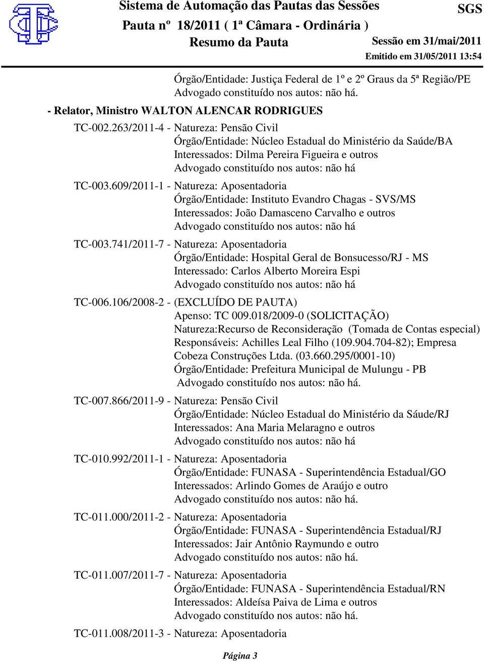 609/2011-1 - Natureza: Aposentadoria Órgão/Entidade: Instituto Evandro Chagas - SVS/MS Interessados: João Damasceno Carvalho e outros TC-003.