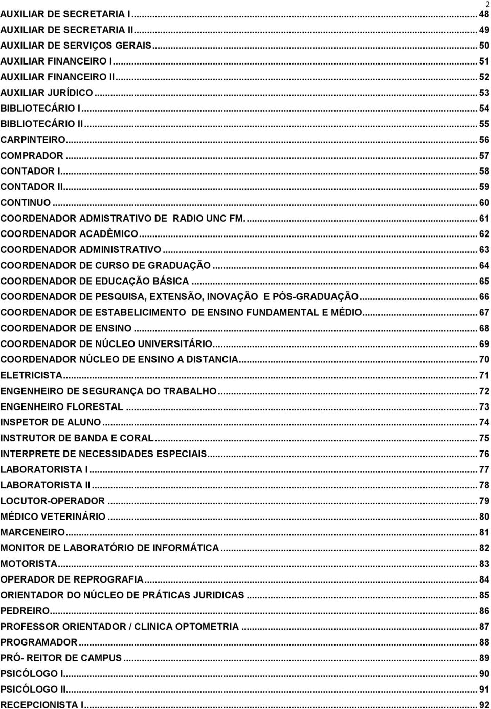 .. 62 COORDENADOR ADMINISTRATIVO... 63 COORDENADOR DE CURSO DE GRADUAÇÃO... 64 COORDENADOR DE EDUCAÇÃO BÁSICA... 65 COORDENADOR DE PESQUISA, EXTENSÃO, INOVAÇÃO E PÓS-GRADUAÇÃO.