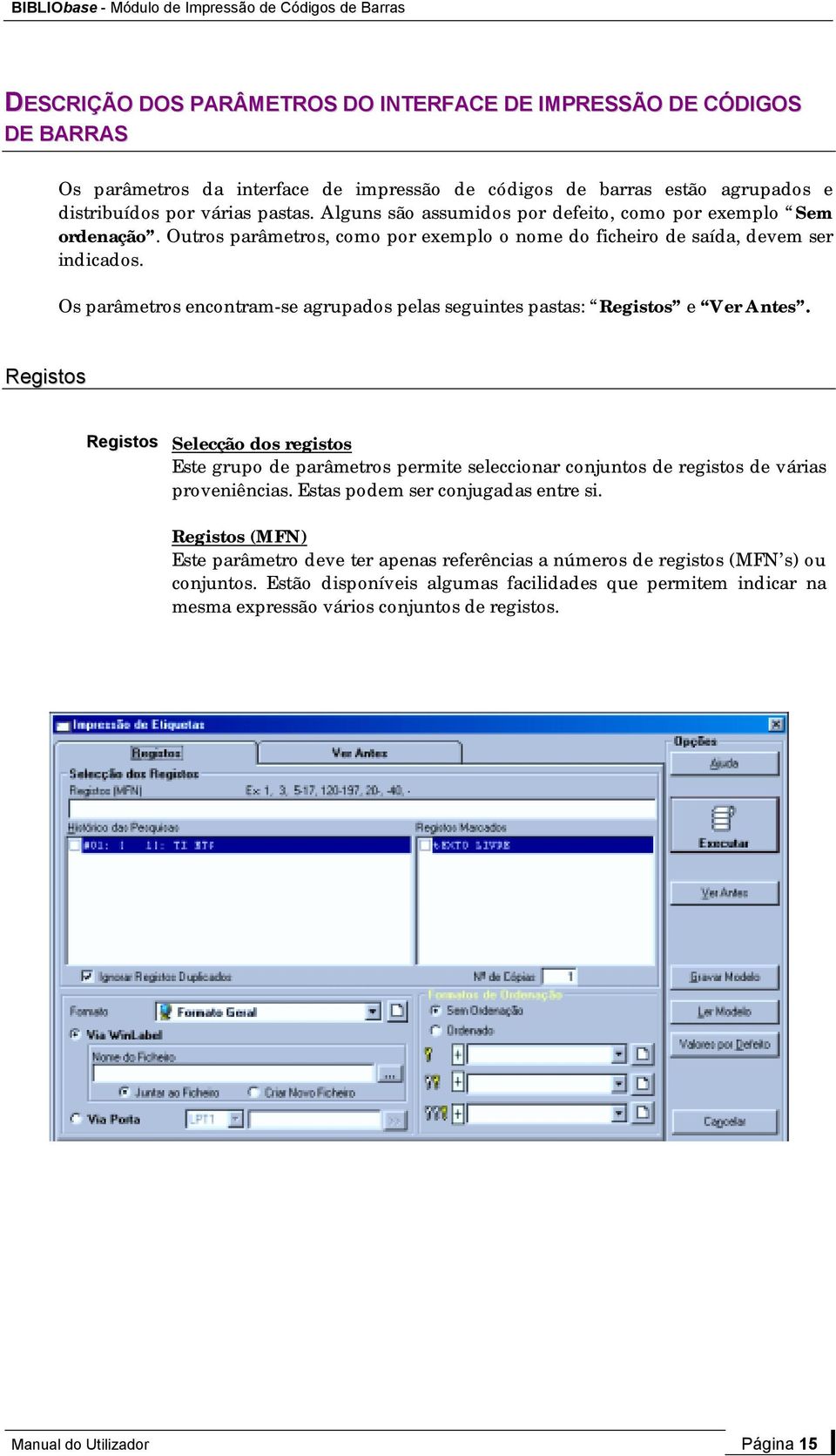 Os parâmetros encontram-se agrupados pelas seguintes pastas: Registos e Ver Antes.