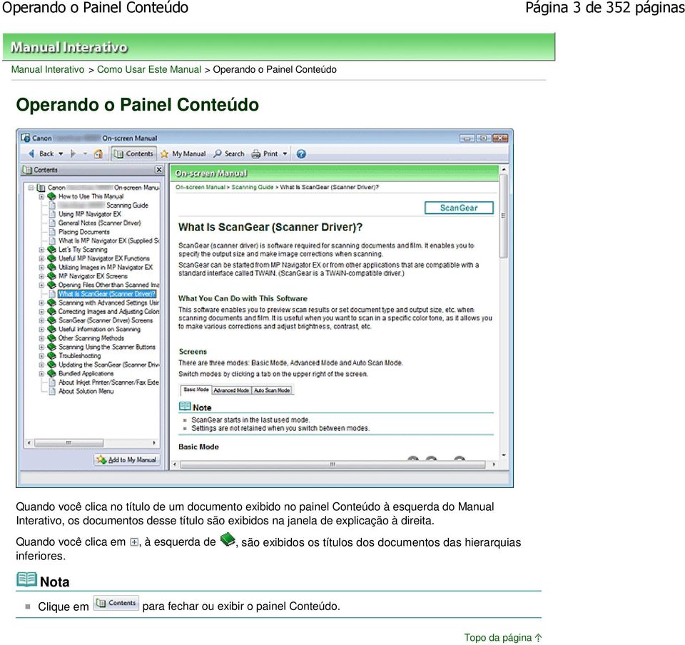 Interativo, os documentos desse título são exibidos na janela de explicação à direita.