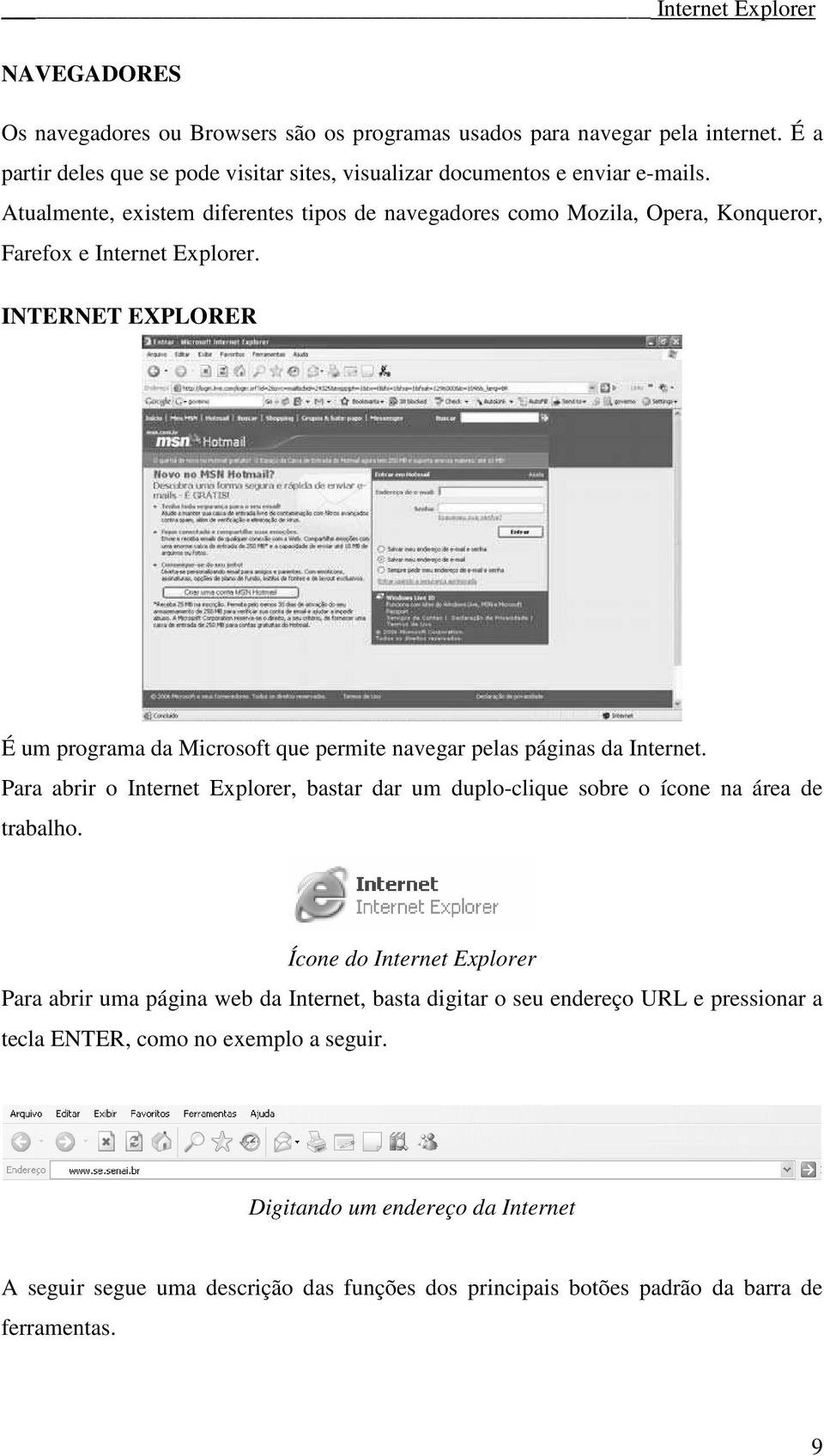 INTERNET EXPLORER É um programa da Microsoft que permite navegar pelas páginas da Internet. Para abrir o Internet Explorer, bastar dar um duplo-clique sobre o ícone na área de trabalho.