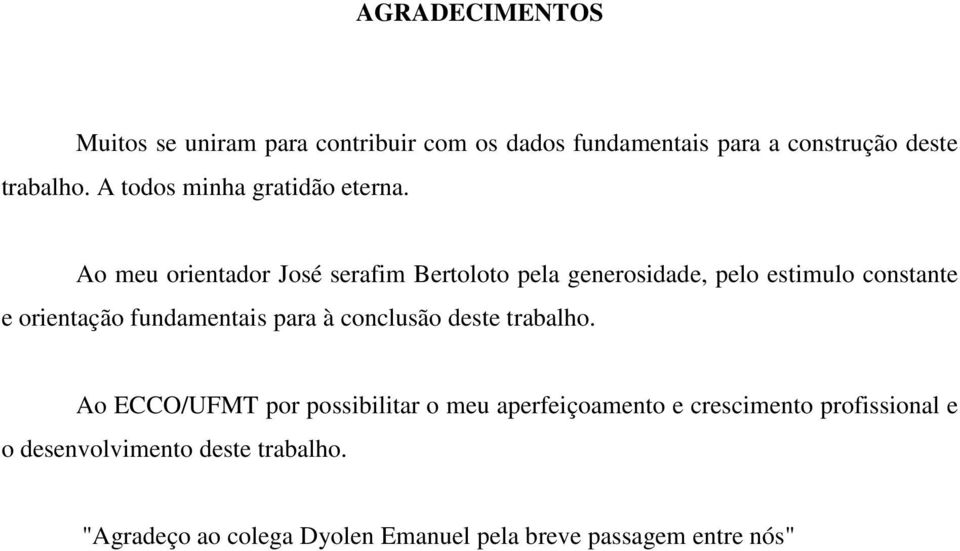 Ao meu orientador José serafim Bertoloto pela generosidade, pelo estimulo constante e orientação fundamentais para