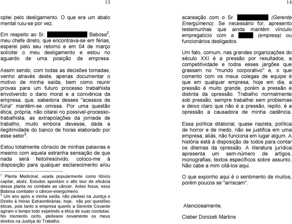 Assim sendo, com todas as decisões tomadas, venho através deste, apenas documentar o motivo de minha saída, bem como reunir provas para um futuro processo trabalhista envolvendo o dano moral e a