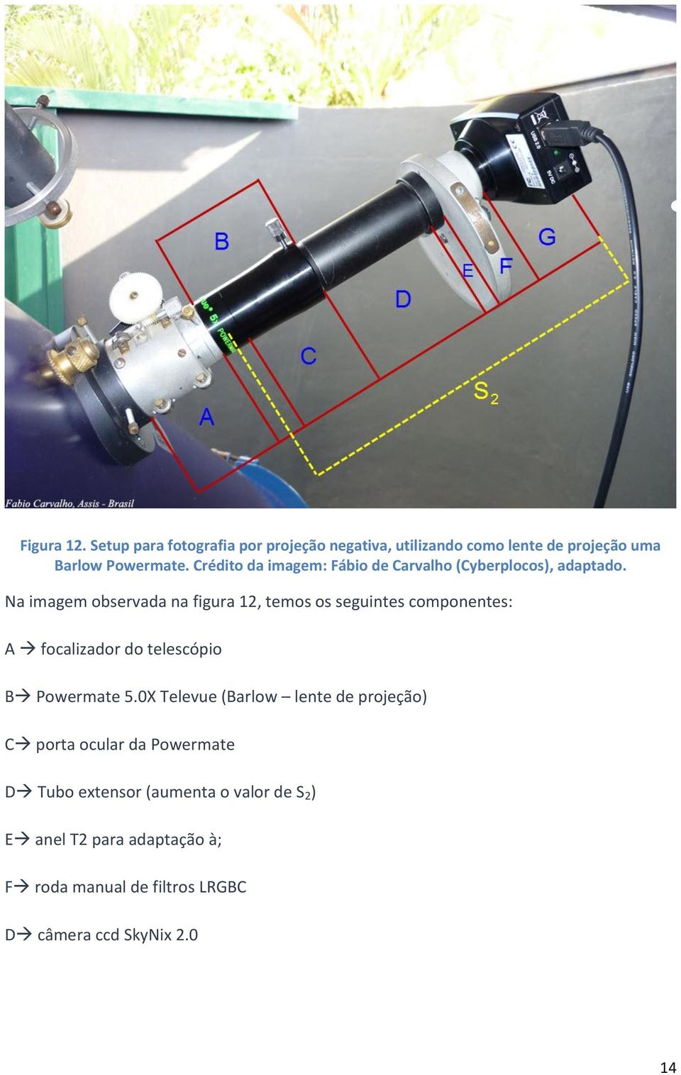 Na imagem observada na figura 12, temos os seguintes componentes: A focalizador do telescópio B Powermate 5.