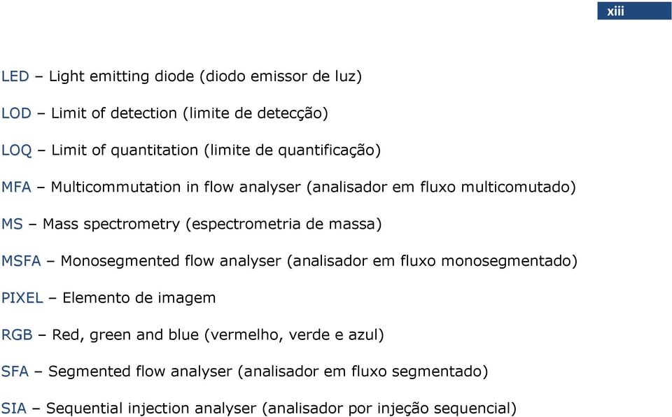 MSFA Monosegmented flow analyser (analisador em fluxo monosegmentado) PIXEL Elemento de imagem RGB Red, green and blue (vermelho, verde