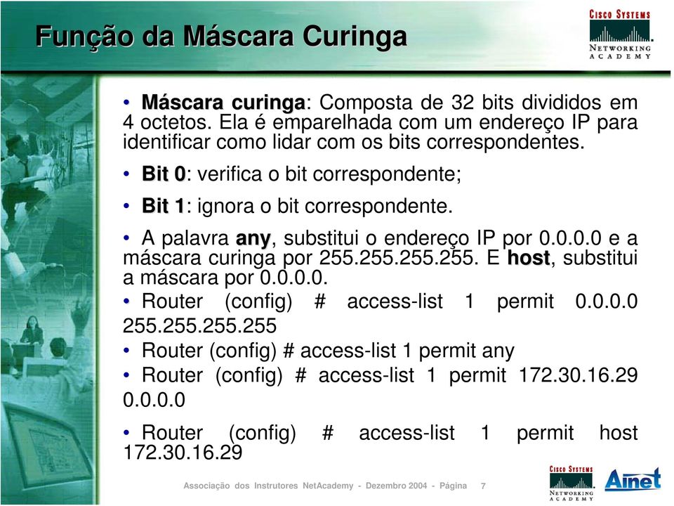 Bit 0: 0 verifica o bit correspondente; Bit 1: 1 ignora o bit correspondente. A palavra any, substitui o endereço IP por 0.0.0.0 e a máscara curinga por 255.