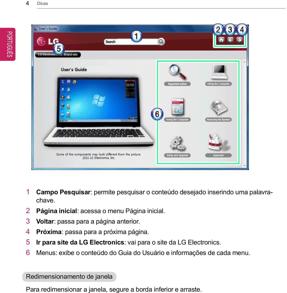 4 Próxima: passa para a próxima página. 5 Ir para site da LG Electronics: vai para o site da LG Electronics.