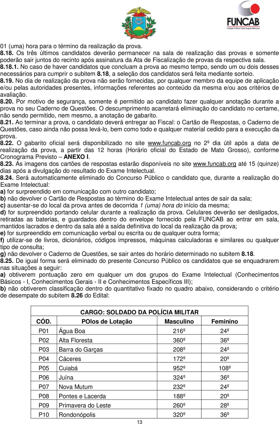 .1. No caso de haver candidatos que concluam a prova ao mesmo tempo, sendo um ou dois desses necessários para cumprir o subitem 8.18, a seleção dos candidatos será feita mediante sorteio. 8.19.