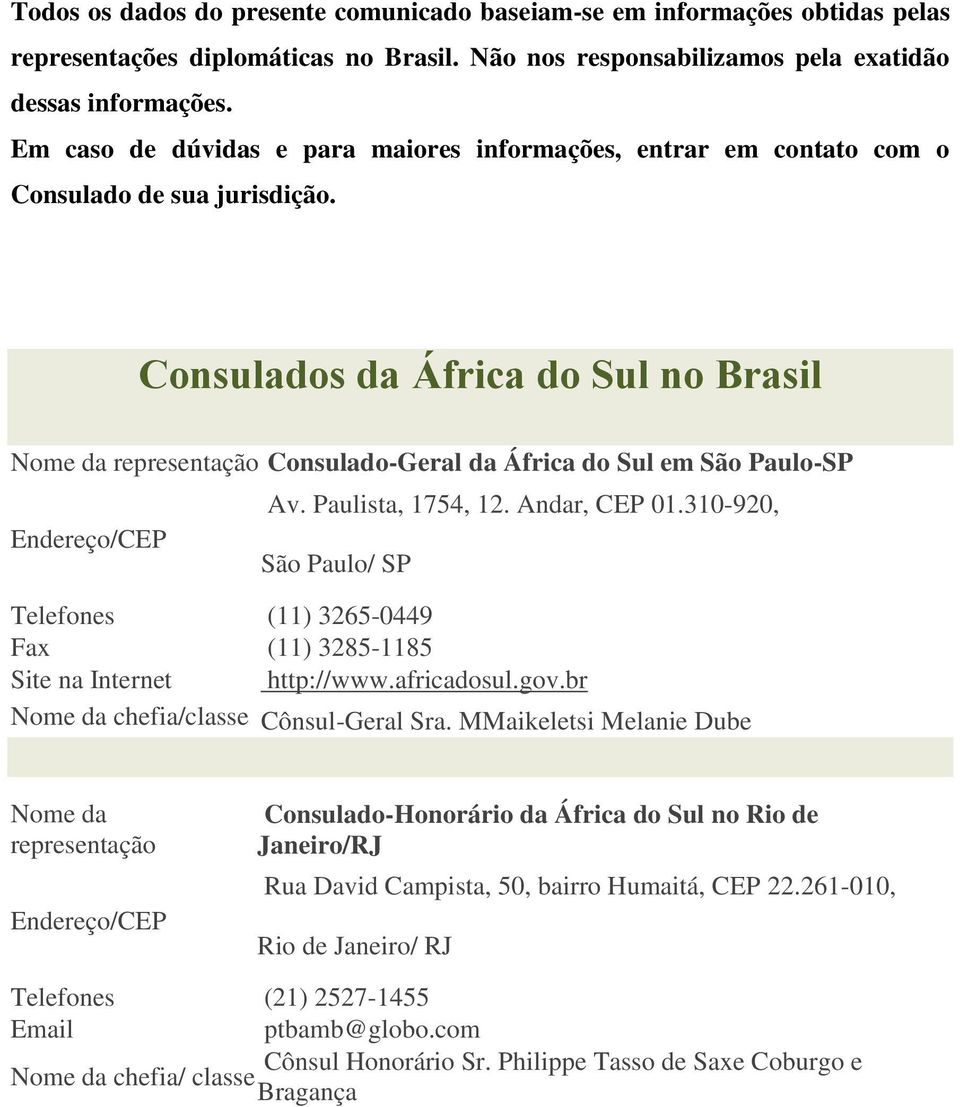 Consulados da África do Sul no Brasil Nome da representação Consulado-Geral da África do Sul em São Paulo-SP Av. Paulista, 1754, 12. Andar, CEP 01.