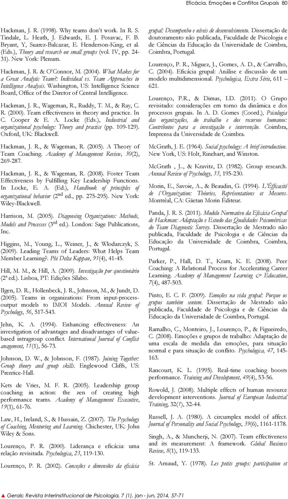 Team Approaches to Intelligence Analysis. Washington, US: Intelligence Science Board, Office of the Diretor of Central Intelligence. Hackman, J. R., Wageman, R., Ruddy, T. M., & Ray, C. R. (2000).