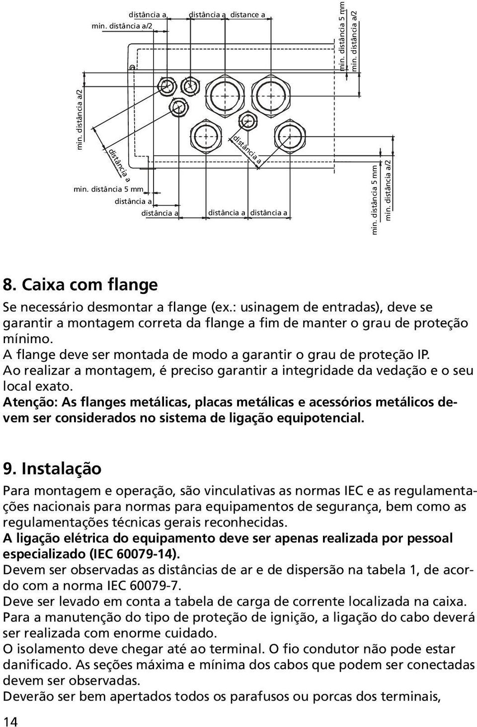 : usinagem de entradas), deve se garantir a montagem correta da flange a fim de manter o grau de proteção mínimo. A flange deve ser montada de modo a garantir o grau de proteção IP.