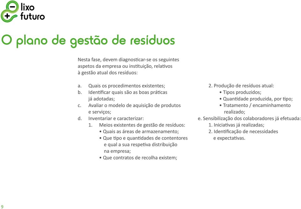 Meios existentes de gestão de resíduos: Quais as áreas de armazenamento; Que tipo e quantidades de contentores e qual a sua respetiva distribuição na empresa; Que contratos de recolha existem; 2.