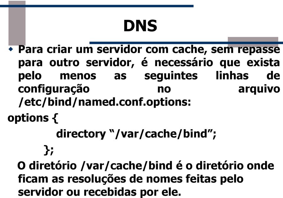 conf.options: options { }; directory /var/cache/bind ; O diretório /var/cache/bind é
