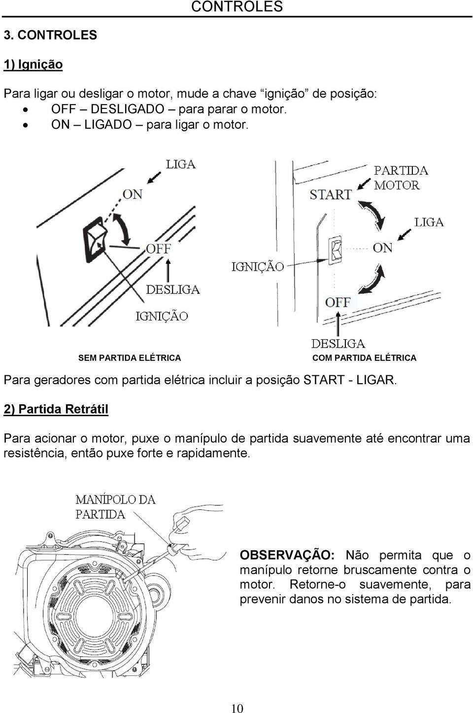 2) Partida Retrátil Para acionar o motor, puxe o manípulo de partida suavemente até encontrar uma resistência, então puxe forte e