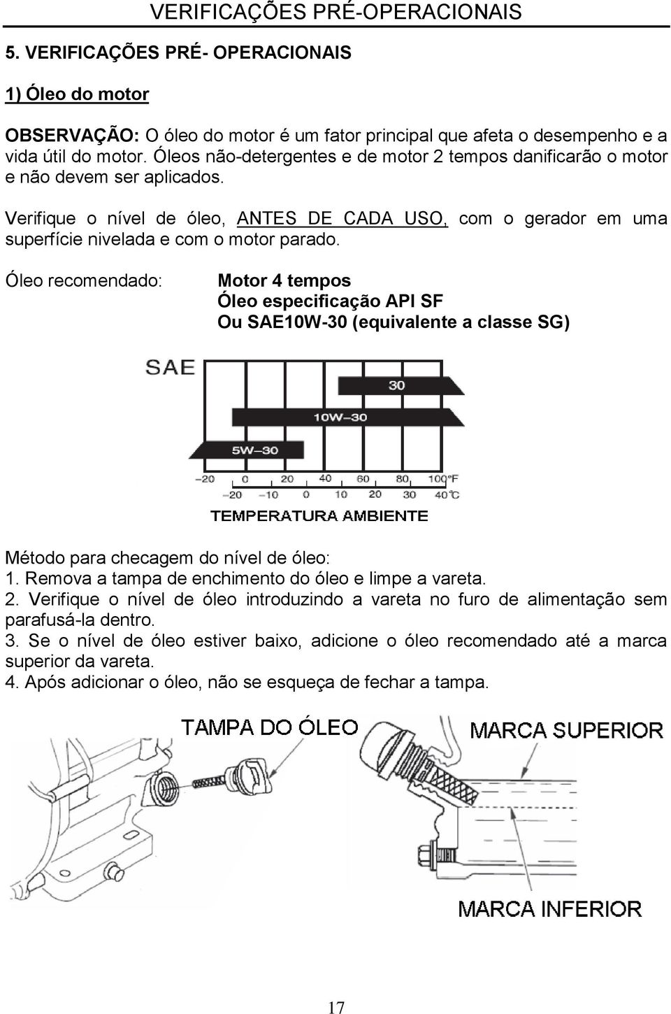 Óleo recomendado: Motor 4 tempos Óleo especificação API SF Ou SAE10W-30 (equivalente a classe SG) Método para checagem do nível de óleo: 1. Remova a tampa de enchimento do óleo e limpe a vareta. 2.