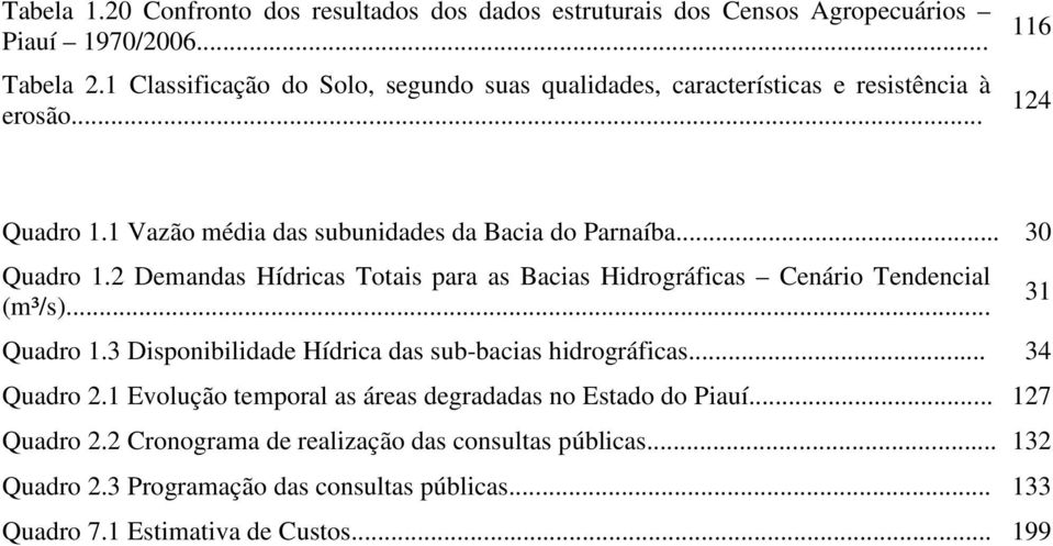 .. 30 Quadro 1.2 Demandas Hídricas Totais para as Bacias Hidrográficas Cenário Tendencial (m³/s)... Quadro 1.3 Disponibilidade Hídrica das sub-bacias hidrográficas.