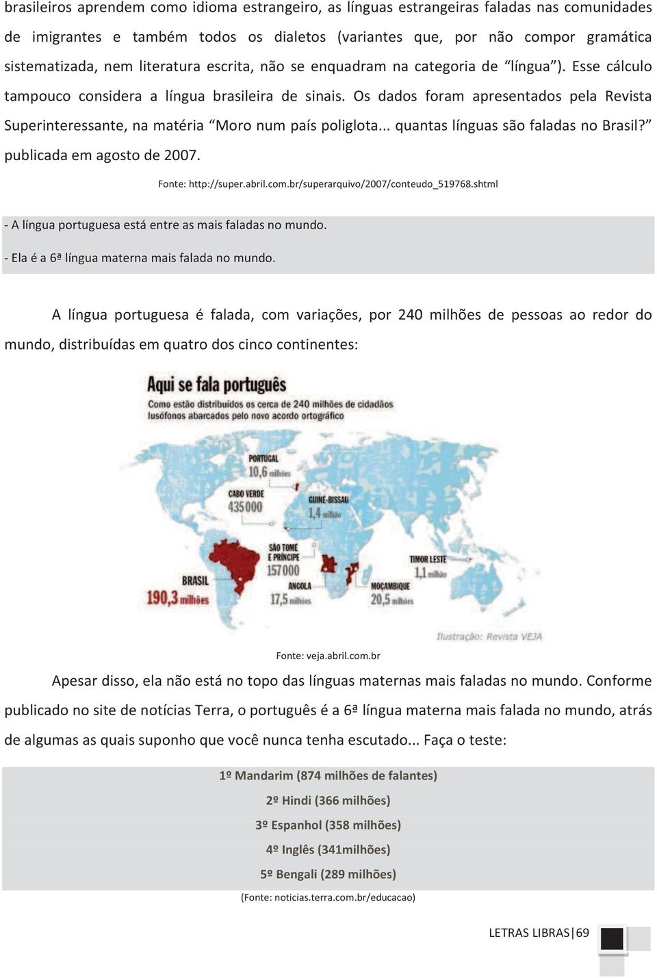 Os dados foram apresentados pela Revista Superinteressante, na matéria Moro num país poliglota... quantas línguas são faladas no Brasil? publicada em agosto de 2007. Fonte: http://super.abril.com.
