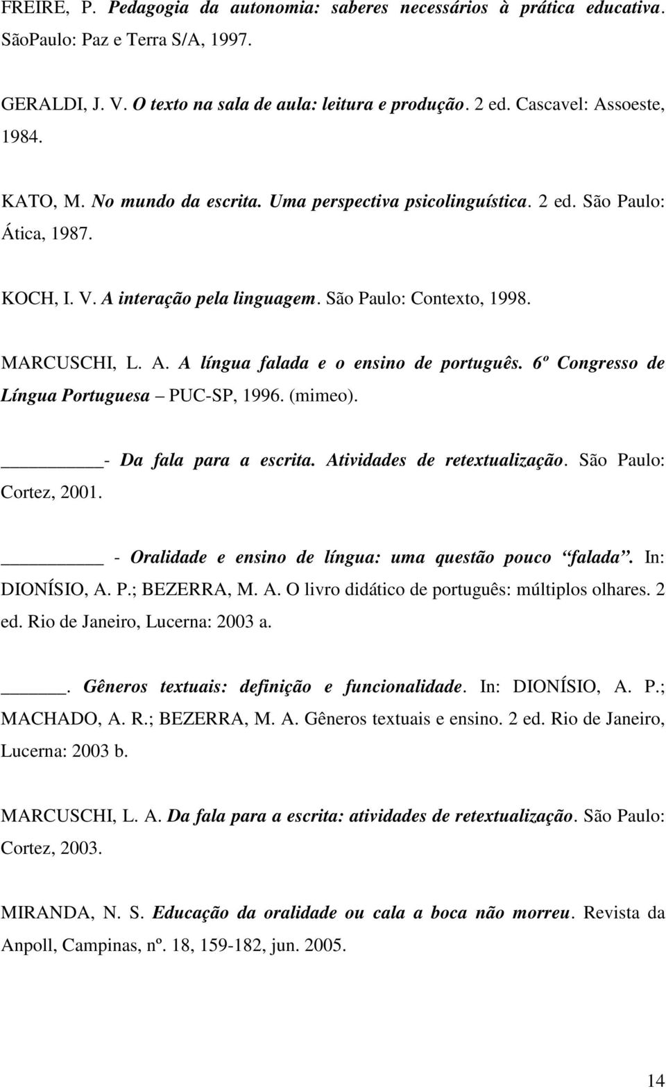 6º Congresso de Língua Portuguesa PUC-SP, 1996. (mimeo). - Da fala para a escrita. Atividades de retextualização. São Paulo: Cortez, 2001. - Oralidade e ensino de língua: uma questão pouco falada.