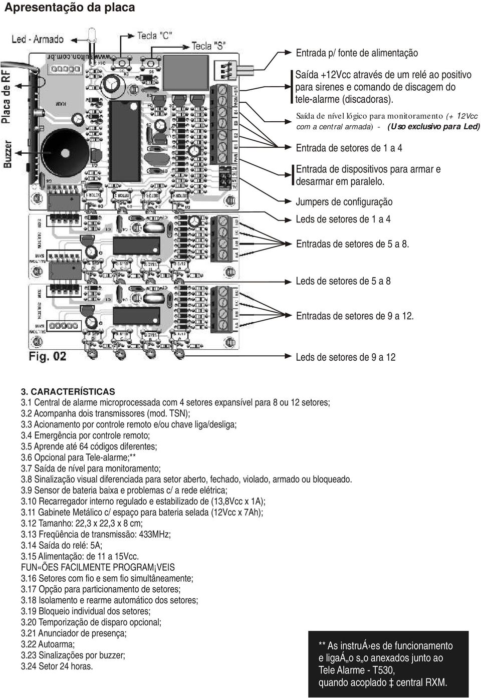 Jumpers de configuração Leds de setores de 1 a 4 Entradas de setores de 5 a 8. Leds de setores de 5 a 8 Entradas de setores de 9 a 12. Leds de setores de 9 a 12 3. CARACTERÍSTICAS 3.