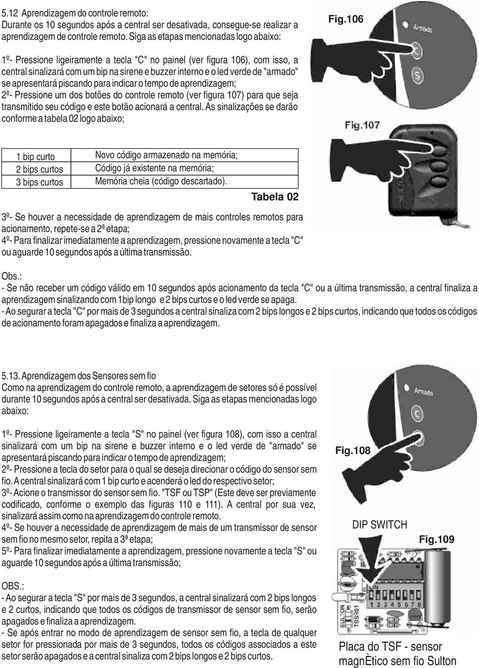 indicar o tempo de aprendizagem; 2º- Pressione um dos botões do controle remoto (ver figura 107) para que seja transmitido seu código e este botão acionará a central.