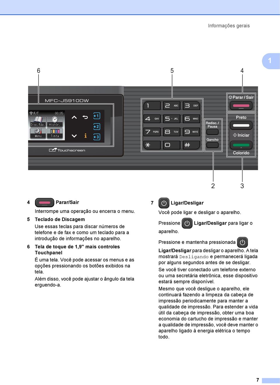 6 Tela de toque de 1,9" mais controles Touchpanel É uma tela. Você pode acessar os menus e as opções pressionando os botões exibidos na tela. Além disso, você pode ajustar o ângulo da tela erguendo-a.