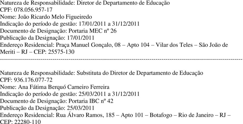 Residencial: Praça Manuel Gonçalo, 08 Apto 104 Vilar dos Teles São João de Meriti RJ CEP: 25575-130